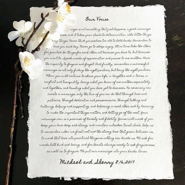 Custom wedding vows, song lyrics, bible verse, or poem print on handmade cotton paper in script and/or typewriter font - Alison Rose Vintage
