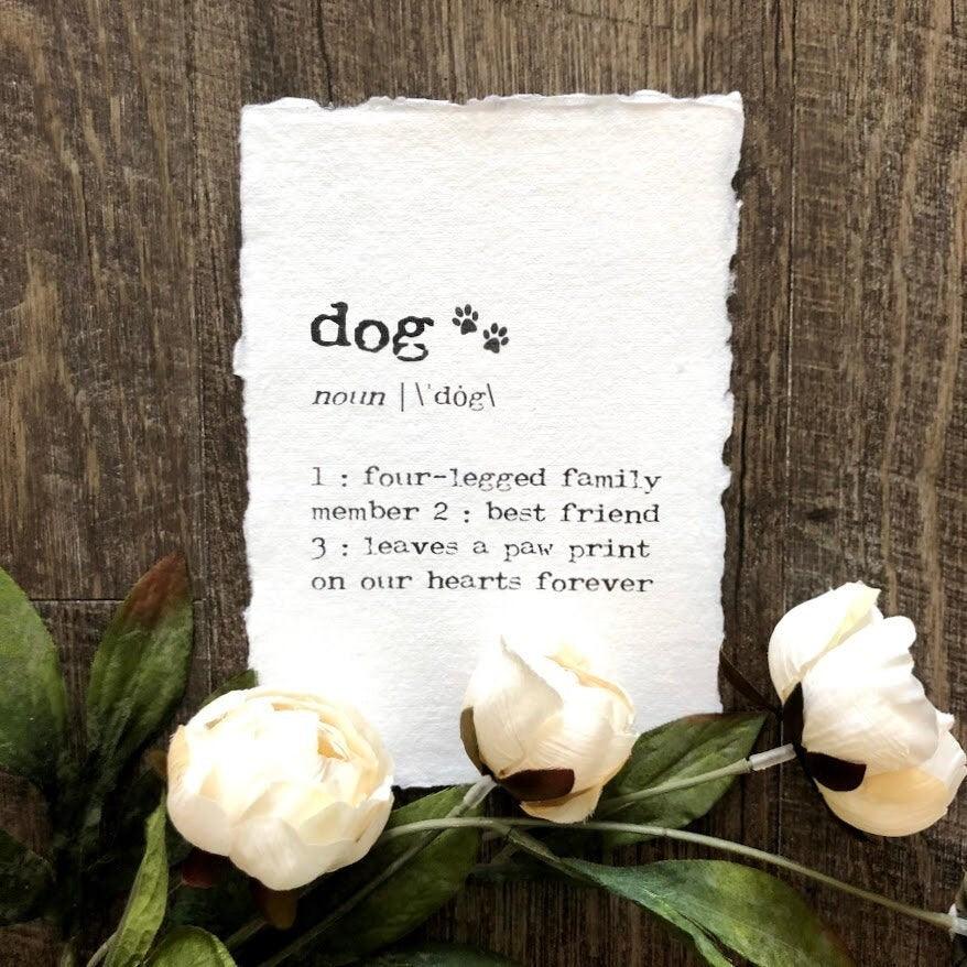 dog definition print with dog paw prints in typewriter font on 5x7 or 8x10 handmade cotton paper - Alison Rose Vintage