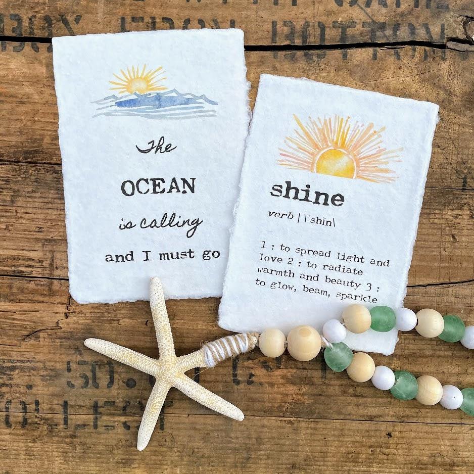 the ocean is calling quote print with sun and ocean waves art on 5x7 or 8x10 handmade cotton paper - Alison Rose Vintage
