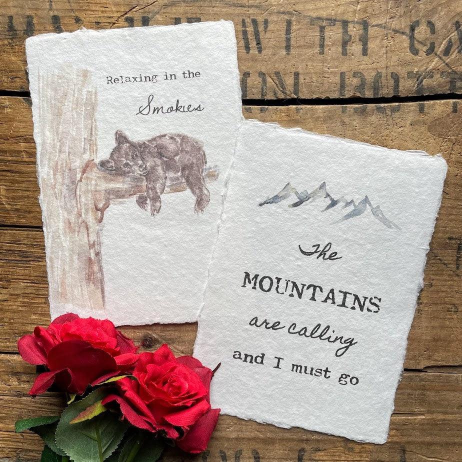 the mountains are calling john muir quote print with original mountains watercolor on 5x7 or 8x10 handmade paper - Alison Rose Vintage