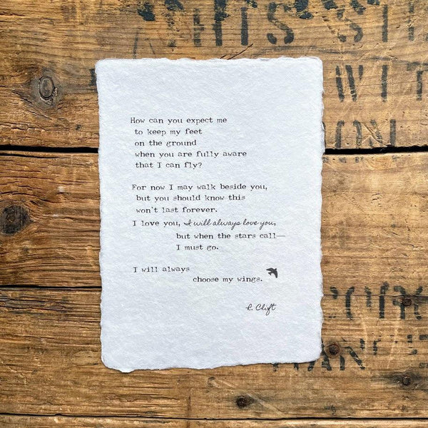 I will always choose my wings poem by R. Clift on handmade paper