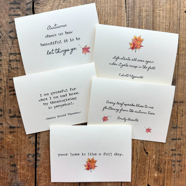 5 fall quote cards in typewriter and script fonts, blank inside for a personalized message