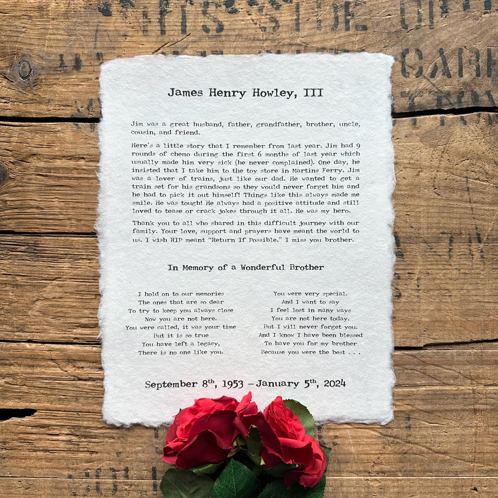 Custom eulogy, obituary, last words, grief or love poem print on handmade paper