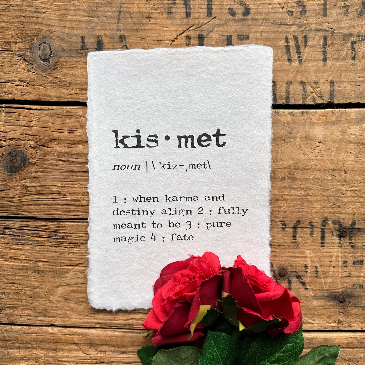 kismet definition print in typewriter font on handmade paper Alison