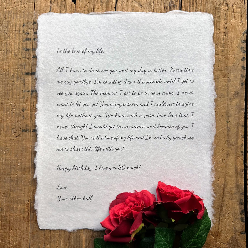 Custom love letter print on handmade paper, anniversary gift– Alison Rose  Vintage