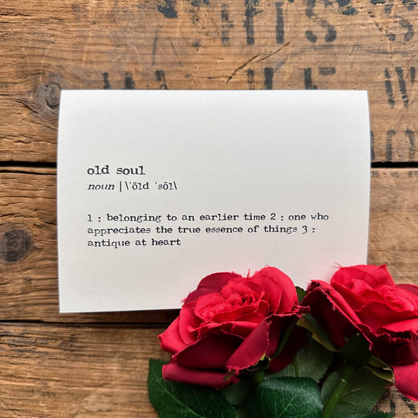 old soul definition greeting card in typewriter font with envelope and rose sticker