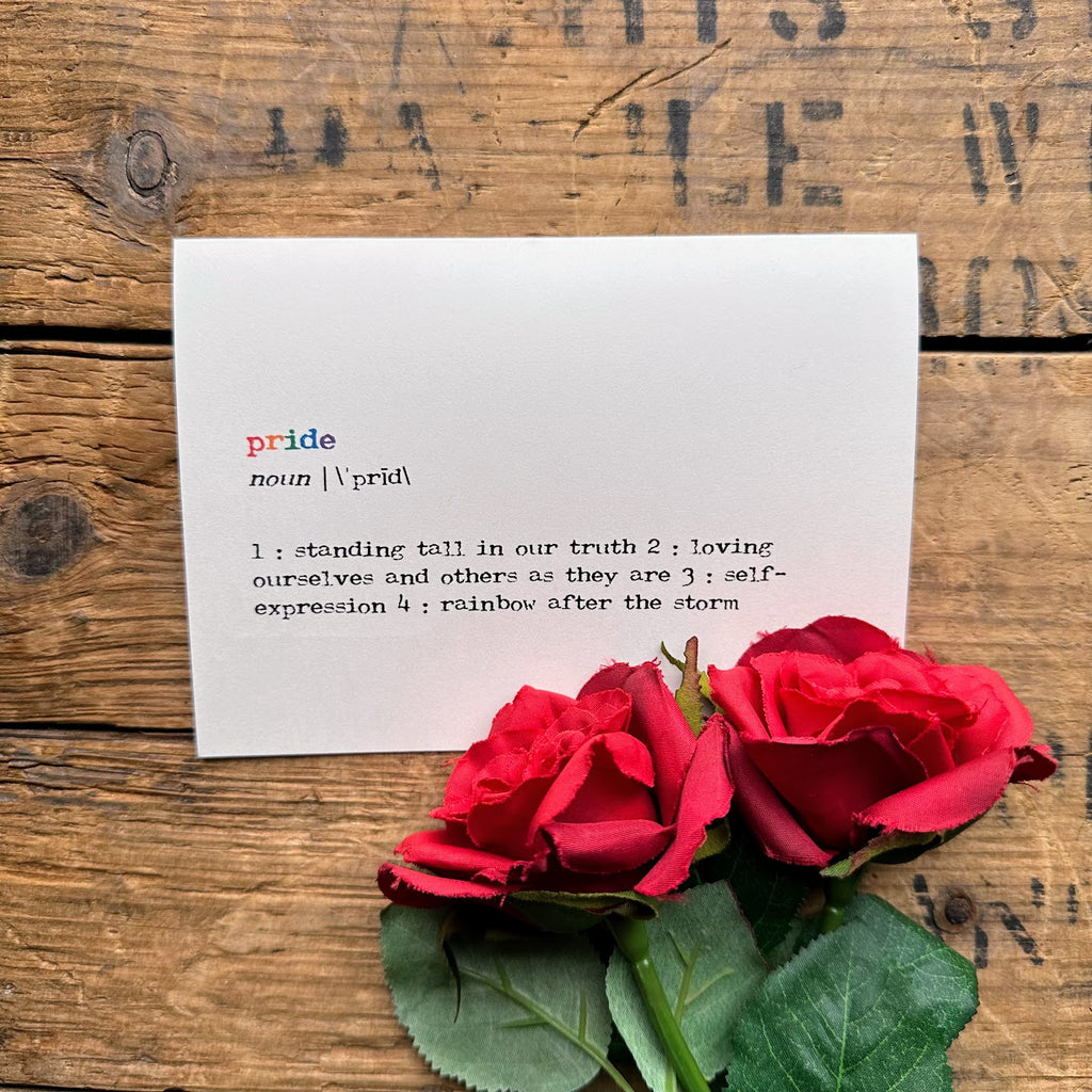 pride definition greeting card in rainbow typewriter font with envelope and rose sticker - Alison Rose Vintage