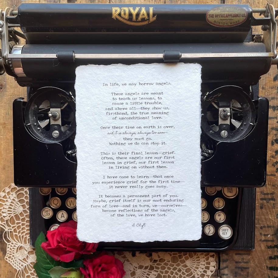 Angels and grief poem by R. Clift in typewriter font on 5x7, 8x10, 11x14 handmade paper