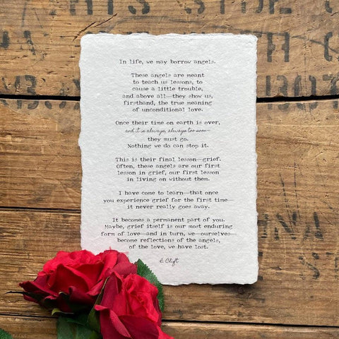 Angels and grief poem by R. Clift in typewriter font on 5x7, 8x10, 11x14 handmade paper
