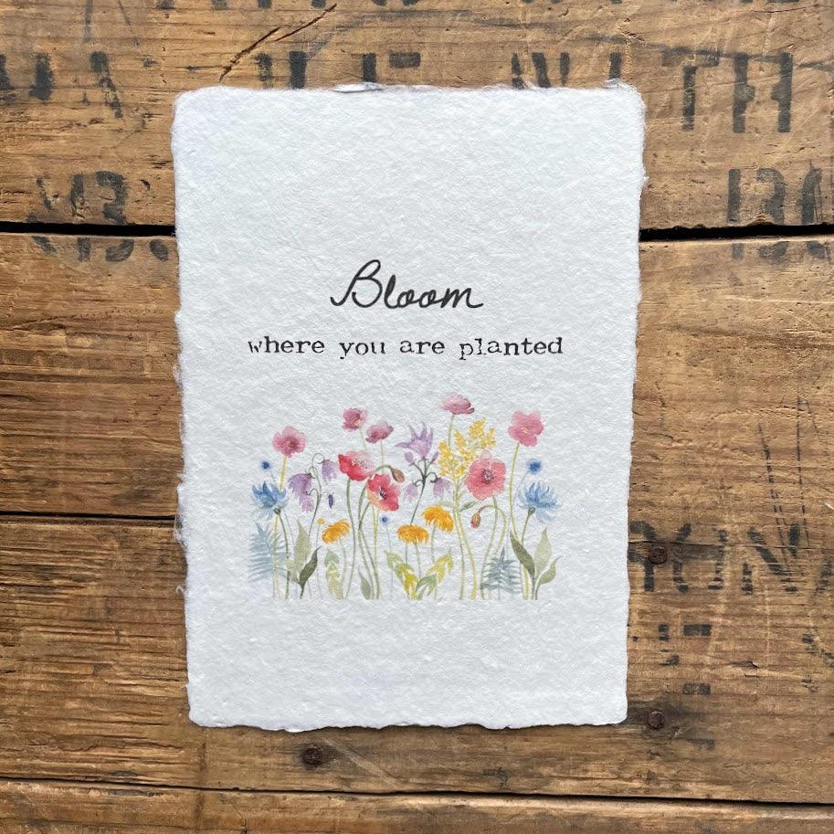 Bloom where you are planted quote on handmade paper, original wildflower field watercolor - Alison Rose Vintage