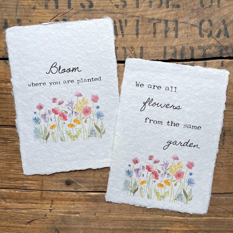 Bloom where you are planted quote on handmade paper, original wildflower field watercolor - Alison Rose Vintage