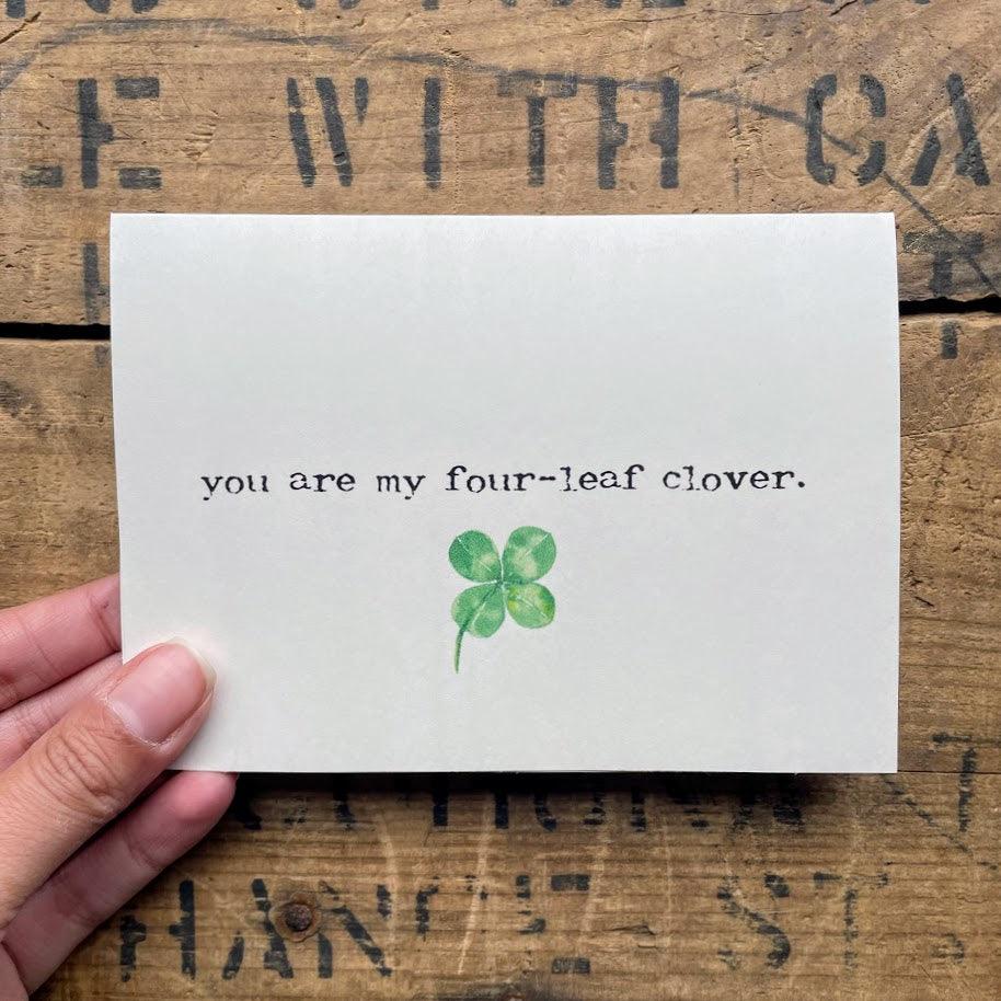you are a four-leaf clover compliment greeting card in typewriter font with original four-leaf clover watercolor, envelope and rose sticker - Alison Rose Vintage