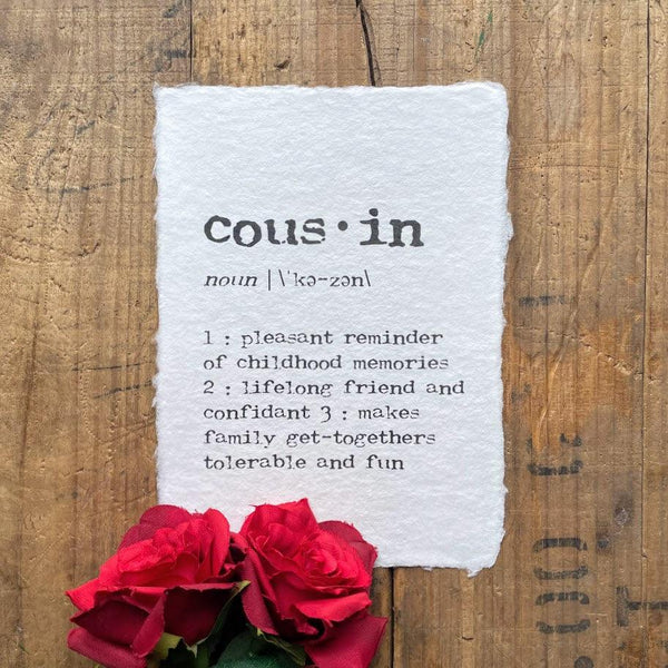 cousin definition print in typewriter font on 5x7 or 8x10 handmade cotton paper - Alison Rose Vintage
