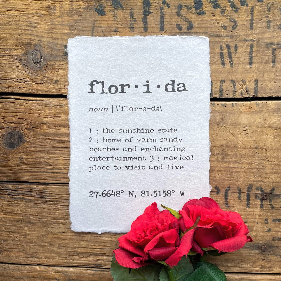 florida definition print in typewriter font on handmade paper - Alison Rose Vintage