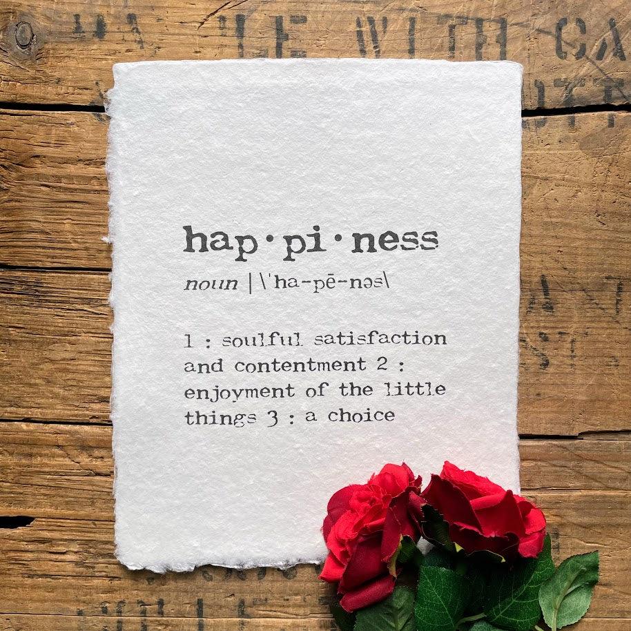 happiness definition print in typewriter font on handmade paper