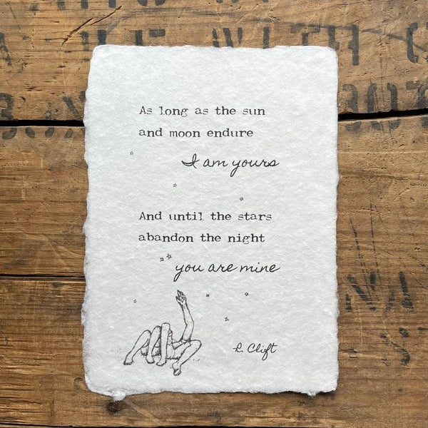 I am yours and you are mine poem by R. Clift on 5x7, 8x10, 11x14 handmade paper with couple laying on the ground looking up at the stars doodle.