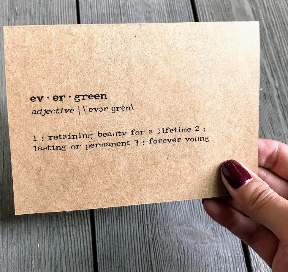 evergreen definition greeting card in typewriter font with envelope and rose sticker - Alison Rose Vintage