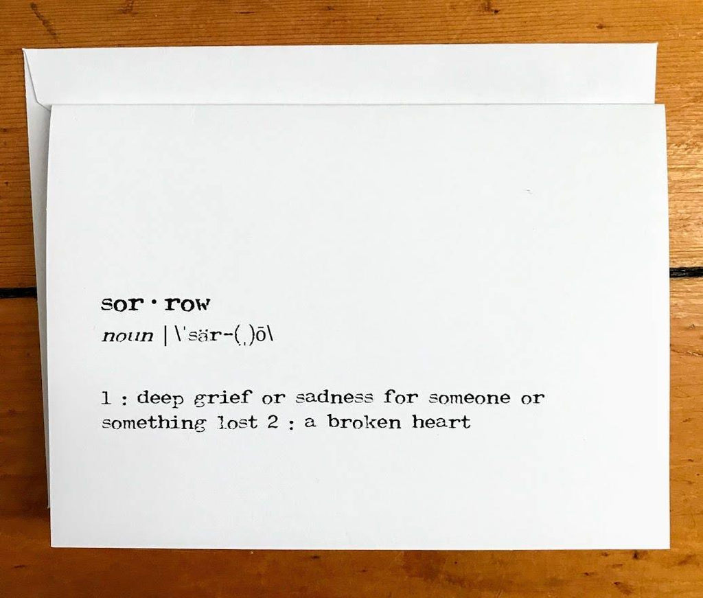 sorrow definition sympathy greeting card in typewriter font with envelope and rose sticker - Alison Rose Vintage