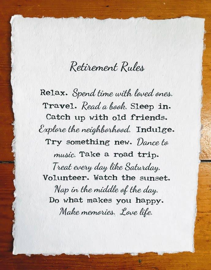 Retirement Rules print in typewriter and script font on handmade cotton paper - Alison Rose Vintage