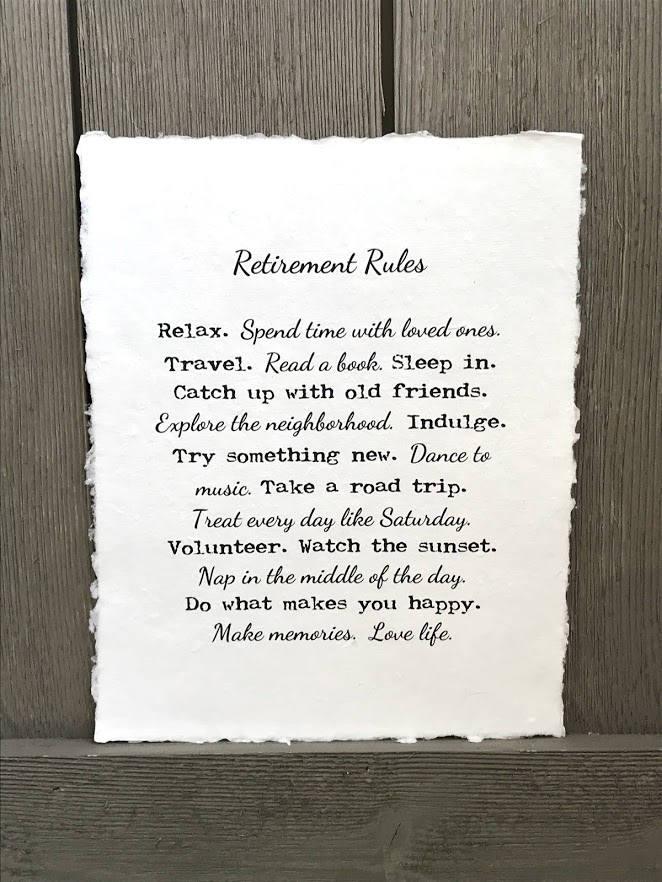 Retirement Rules print in typewriter and script font on handmade cotton paper - Alison Rose Vintage