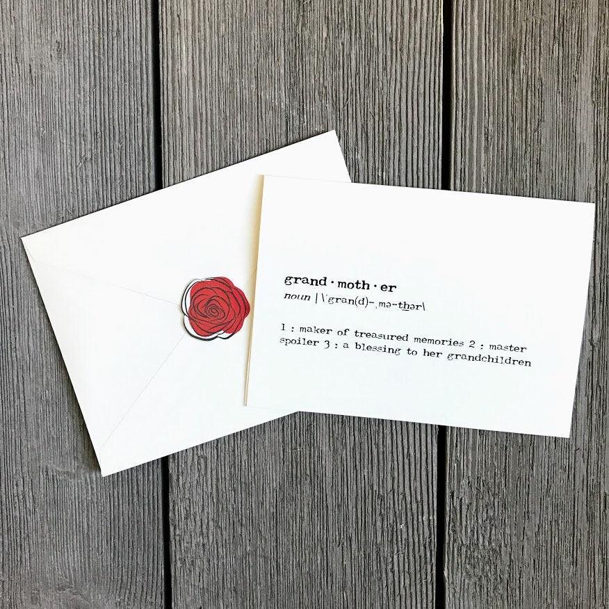 grandmother definition greeting card in typewriter font with envelope and rose sticker seal - Alison Rose Vintage
