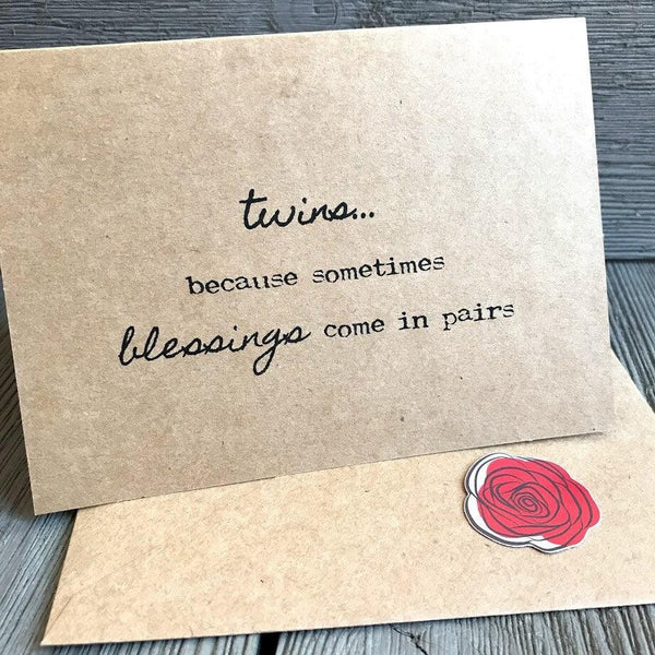 Twin babies congratulations greeting card with envelope and rose sticker - Alison Rose Vintage