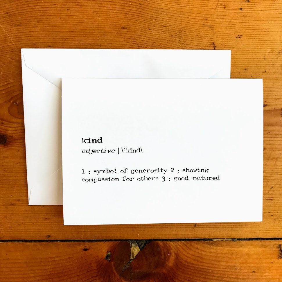 kind definition greeting card in typewriter font with envelope and rose sticker - Alison Rose Vintage