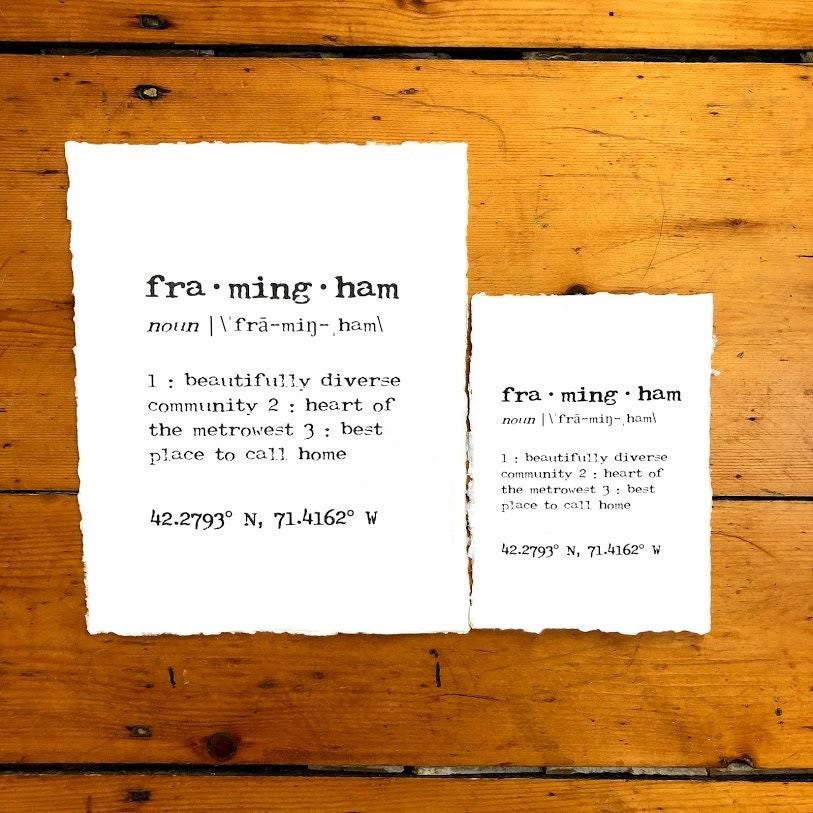 framingham massachusetts definition print in typewriter font on 5x7 or 8x10 handmade paper - Alison Rose Vintage