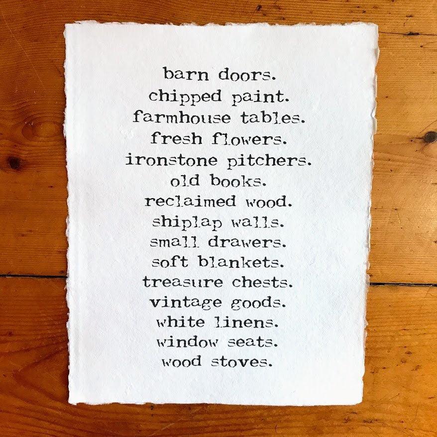 farmhouse style attributes print on 8x10 handmade cotton rag paper - Alison Rose Vintage