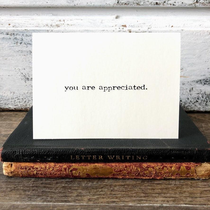 you are appreciated compliment greeting card in typewriter font with envelope and rose sticker - Alison Rose Vintage