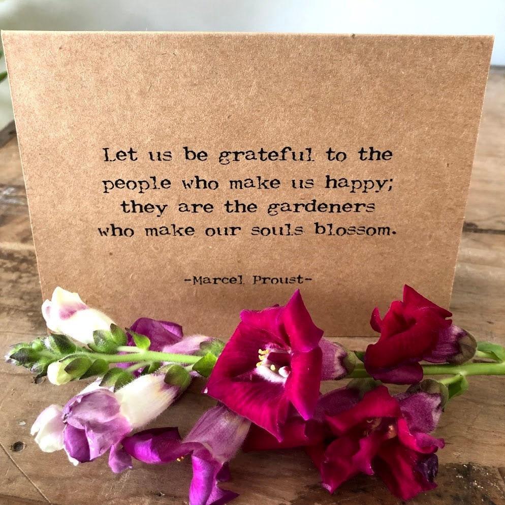 Let us be grateful to people who make us happy quote greeting card with envelope and rose sticker seal - Alison Rose Vintage