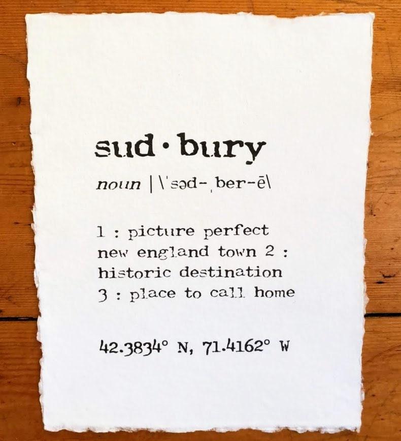 sudbury massachusetts definition print in typewriter font on 5x7 or 8x10 handmade paper - Alison Rose Vintage