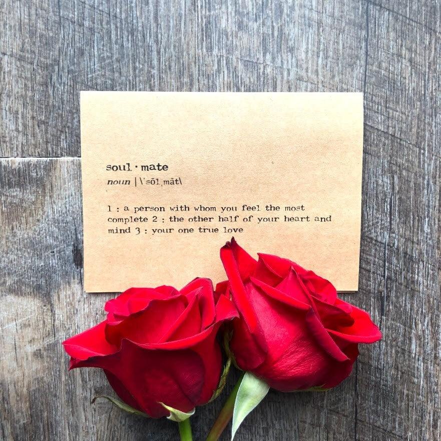 soulmate definition greeting card in typewriter font with envelope and rose sticker seal - Alison Rose Vintage