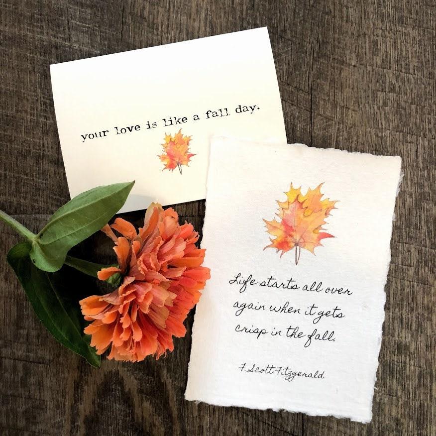 your love is like a fall day compliment card in typewriter font with autumn leaves watercolor, envelope and rose sticker - Alison Rose Vintage
