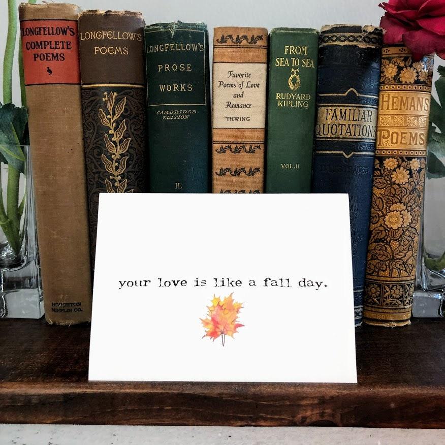 your love is like a fall day compliment card in typewriter font with autumn leaves watercolor, envelope and rose sticker - Alison Rose Vintage
