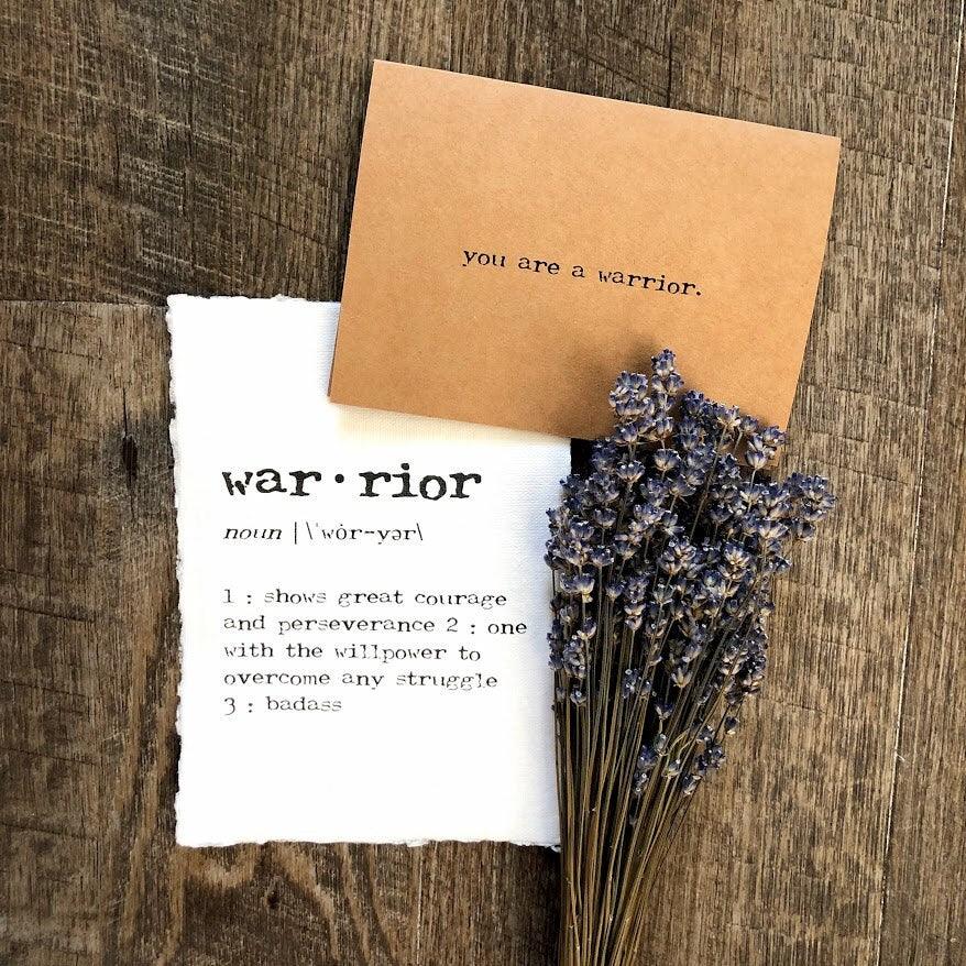 you are a warrior compliment greeting card in typewriter font with envelope and rose sticker - Alison Rose Vintage