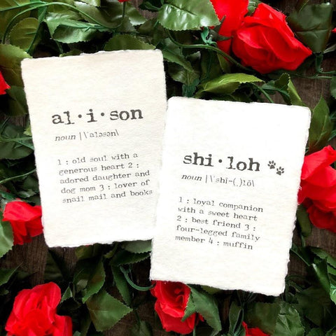 Custom name definition print in typewriter font on handmade cotton paper - Alison Rose Vintage