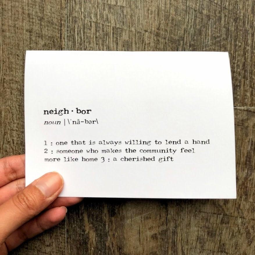 neighbor definition greeting card in typewriter font with envelope and rose sticker seal - Alison Rose Vintage