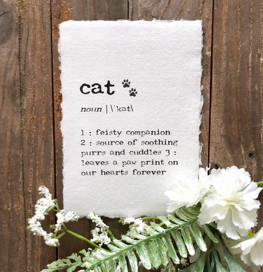 cat definition print with cat paw prints in typewriter font on 5x7 or 8x10 handmade cotton paper - Alison Rose Vintage