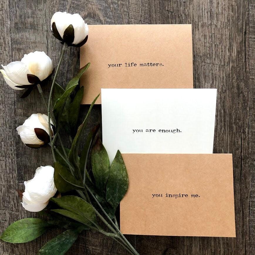 your life matters compliment greeting card in typewriter font with envelope and rose sticker - Alison Rose Vintage