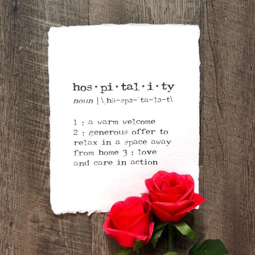 hospitality definition print in typewriter font on 5x7 or 8x10 handmade cotton paper - Alison Rose Vintage