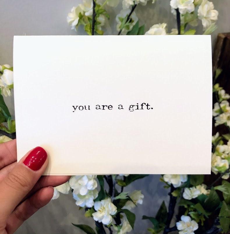 you are a gift compliment greeting card in typewriter font with envelope and rose sticker - Alison Rose Vintage