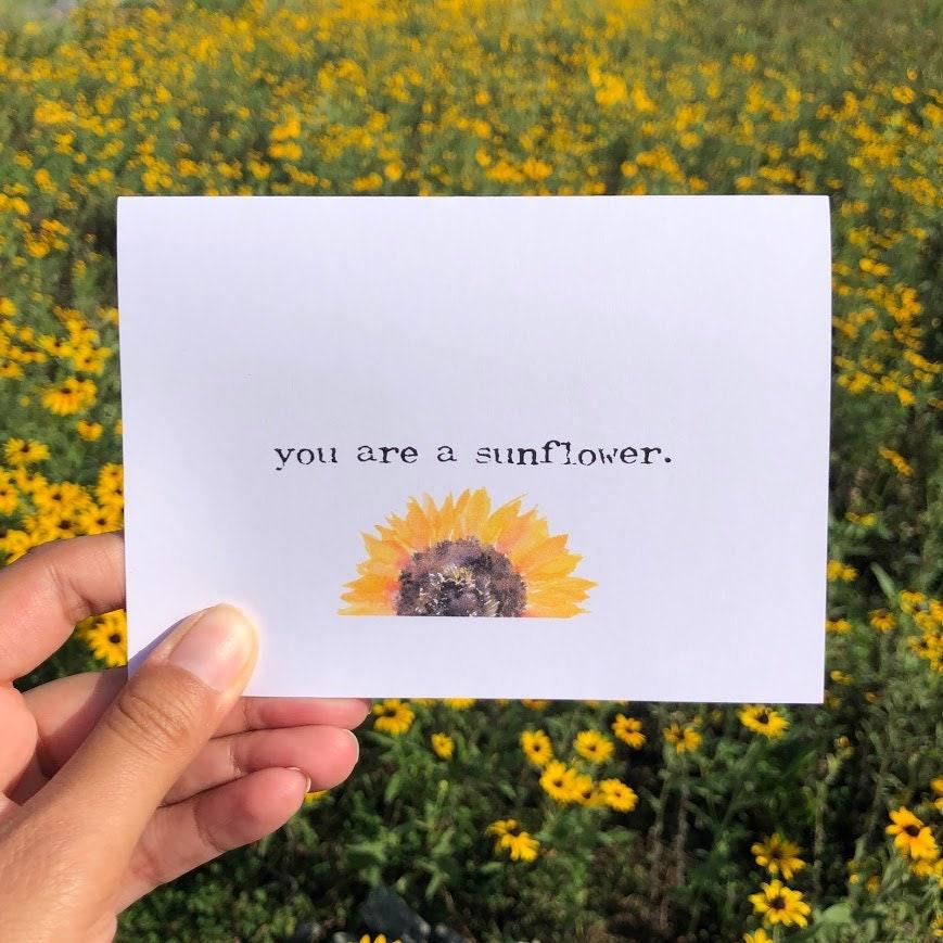 you are a sunflower compliment greeting card in typewriter font with original sunflower watercolor, envelope and rose sticker - Alison Rose Vintage