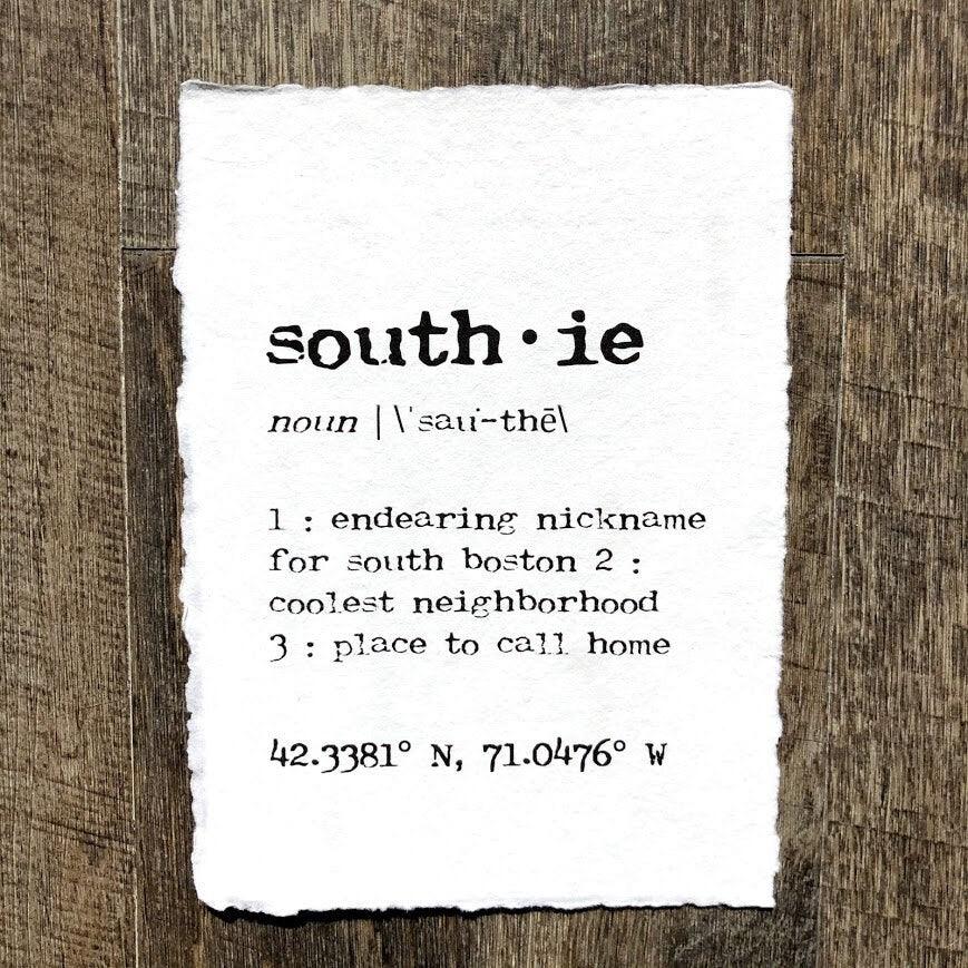 southie massachusetts definition print in typewriter font on 5x7 or 8x10 handmade paper - Alison Rose Vintage