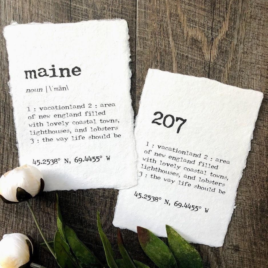 Maine OR 207 area code definition print in typewriter font on handmade ...