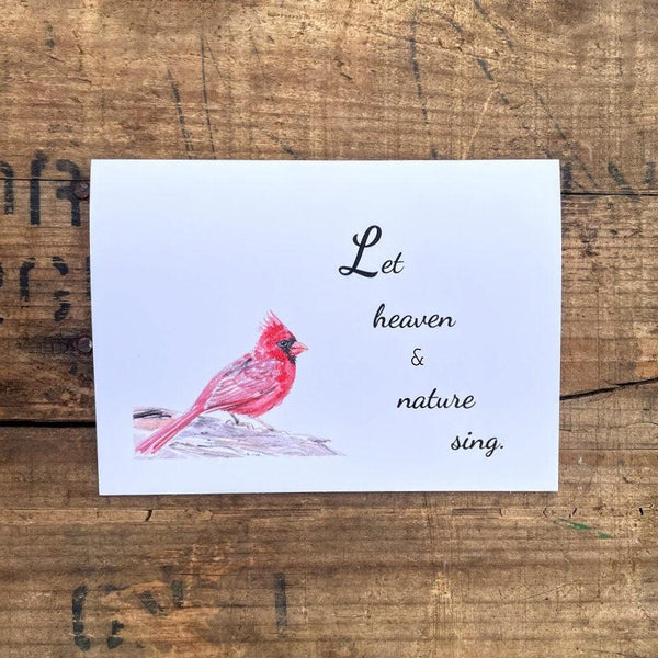 Let heaven and nature sing greeting card with cardinal image, envelope and rose sticker - Alison Rose Vintage