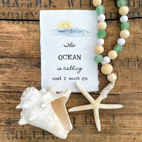 the ocean is calling quote print with sun and ocean waves art on 5x7 or 8x10 handmade cotton paper - Alison Rose Vintage