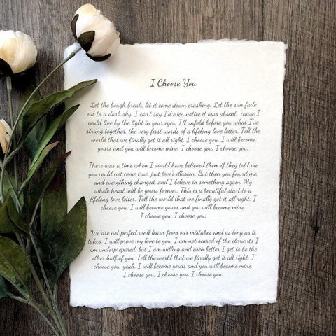 Custom song lyrics print on handmade cotton paper in script and/or typewriter font - Alison Rose Vintage