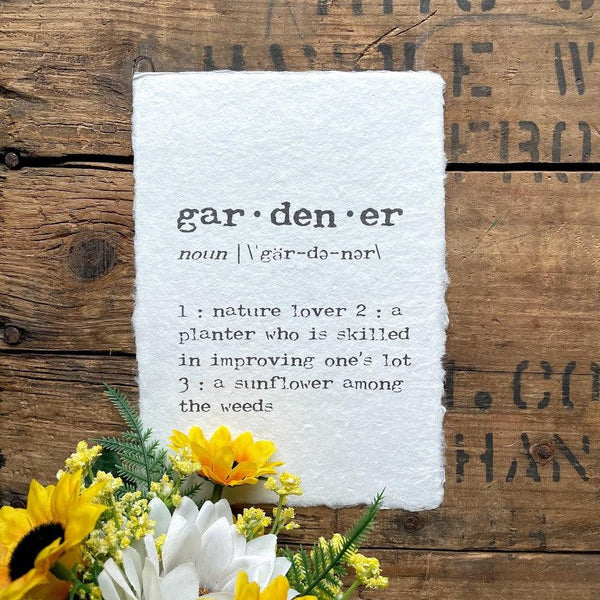 gardener definition print in typewriter font on 5x7 or 8x10 handmade cotton paper - Alison Rose Vintage