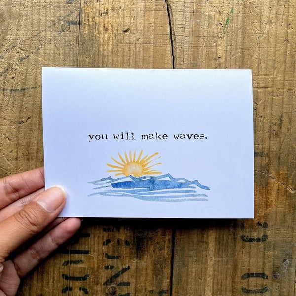 you will make waves compliment card in typewriter font with original watercolor, envelope and rose sticker - Alison Rose Vintage